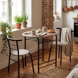 3 Piece Compact Dining Set Grey Oak Black Space-Saving Bistro Kitchen - thumbnail 4