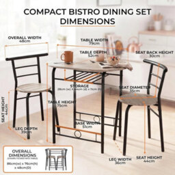 3 Piece Compact Dining Set Grey Oak Black Space-Saving Bistro Kitchen - thumbnail 2