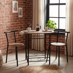 3 Piece Compact Dining Set Grey Oak Black Space-Saving Bistro Kitchen - thumbnail 3
