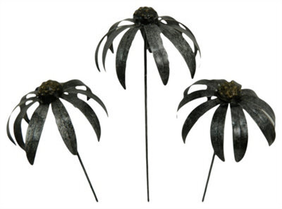 Metal Echinacea Daisy Flower Ornament On 100Cm Stick - Set Of 3 Silver - image 1