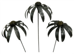 Metal Echinacea Daisy Flower Ornament On 100Cm Stick - Set Of 3 Silver - thumbnail 1