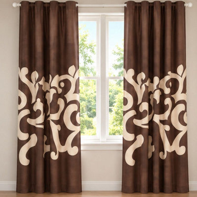 "Smart Living Polycotton Curtains Pair With Tie Backs - Contemporary Scroll Pattern- Chocolate/cream - 66""x72""" - image 1