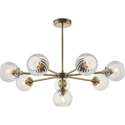 Loops Multi Arm Hanging Ceiling Pendant Light - Antique Brass Plate & Clear Spiral Glass - 8 X 7W Led E14 - image 1