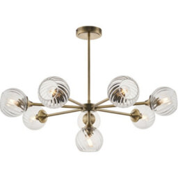 Loops Multi Arm Hanging Ceiling Pendant Light - Antique Brass Plate & Clear Spiral Glass - 8 X 7W Led E14 - thumbnail 1