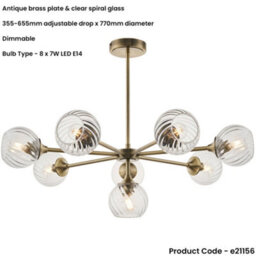 Loops Multi Arm Hanging Ceiling Pendant Light - Antique Brass Plate & Clear Spiral Glass - 8 X 7W Led E14 - thumbnail 2