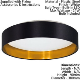 Elegant Flush Ceiling Light With Black Gold Fabric Shade And Led Bulb - 24W Included - thumbnail 2
