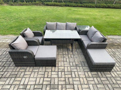 Fimous 9 Seater Garden Rattan Furniture Dining Table Sofa Set Indoor Outdoor With 2 Reclining Chairs Side Tables 2 Big Footstool - image 1