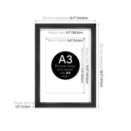 A3 Black Ornate Picture Frame (42 X 29.7Cm) With Mount For A4 Poster, Photo, Artwork, Gallery Wall Or Print - thumbnail 2