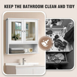Bathroom Wall Cabinet Storage Cupboard With Mirror Wooden Shelves White - thumbnail 4