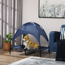 Pawhut 92Cm Elevated Dog Bed Cooling Raised Pet Cot Uv Protection Canopy Blue