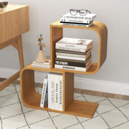 2-Tier S-Shaped Bookcase Bamboo Bookshelf W/2 Open Cubes Natural - thumbnail 6