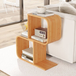 2-Tier S-Shaped Bookcase Bamboo Bookshelf W/2 Open Cubes Natural - thumbnail 3