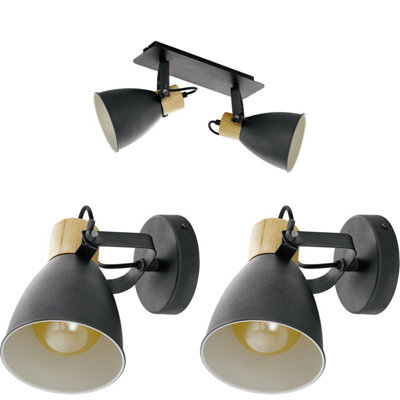 Modern Twin Ceiling Spot Light With Matching Wall Lights In Black And Wood Finish - image 1