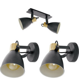 Modern Twin Ceiling Spot Light With Matching Wall Lights In Black And Wood Finish