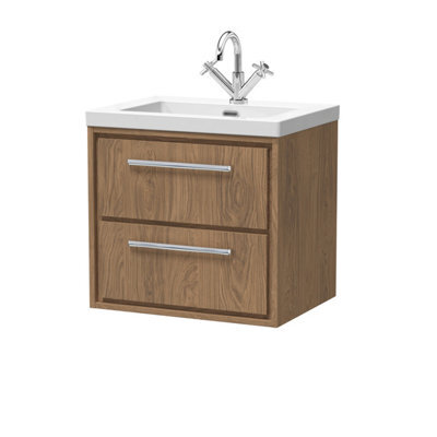 Hudson Reed Lille Wall Hung Two Drawer Contemporary Vanity Unit With 1 Tap Hole Basin In Antique Oak, 613 X 462mm - image 1