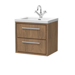 Hudson Reed Lille Wall Hung Two Drawer Contemporary Vanity Unit With 1 Tap Hole Basin In Antique Oak, 613 X 462mm - thumbnail 1