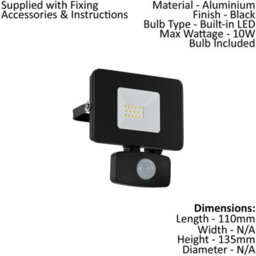 Ip44 Waterproof Outdoor Flood Light With Pir Sensor - 10W Built-In Led In Black Aluminium - thumbnail 2
