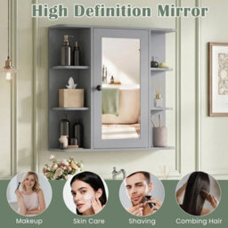 Gainoom Bathroom Wall Cabinet Grey With Mirror Modern Wall Mounted Medicine Cabinet W/3 Internal Shelves - thumbnail 9