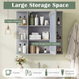 Gainoom Bathroom Wall Cabinet Grey With Mirror Modern Wall Mounted Medicine Cabinet W/3 Internal Shelves - thumbnail 8