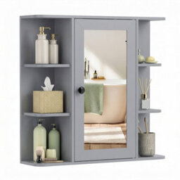 Gainoom Bathroom Wall Cabinet Grey With Mirror Modern Wall Mounted Medicine Cabinet W/3 Internal Shelves