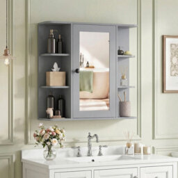 Gainoom Bathroom Wall Cabinet Grey With Mirror Modern Wall Mounted Medicine Cabinet W/3 Internal Shelves - thumbnail 3
