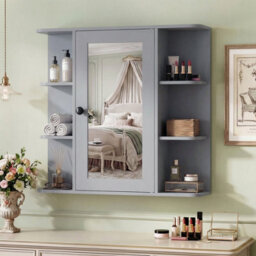 Gainoom Bathroom Wall Cabinet Grey With Mirror Modern Wall Mounted Medicine Cabinet W/3 Internal Shelves - thumbnail 6