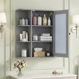 Gainoom Bathroom Wall Cabinet Grey With Mirror Modern Wall Mounted Medicine Cabinet W/3 Internal Shelves - thumbnail 4