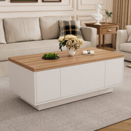 Btm Lift Up Coffee Table 100X50X55.5Cm, Hidden Storage With 2 Doors   Lifting Platforms, White Wood - thumbnail 2