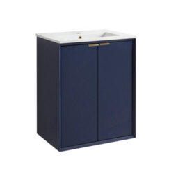 Homestylestore Navy Blue 610mm Wall Hung Bathroom Vanity Unit With Basin And Brushed Brass Finger Pull Handle - thumbnail 1