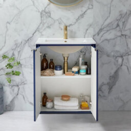 Homestylestore Navy Blue 610mm Wall Hung Bathroom Vanity Unit With Basin And Brushed Brass Finger Pull Handle - thumbnail 2