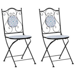 Wyld And Coco Set Of 2 Black Metal Folding Garden Chairs With Blue-And-White Ceramic Mosaic Floral Detail - thumbnail 3
