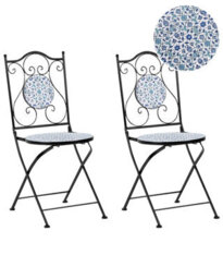 Wyld And Coco Set Of 2 Black Metal Folding Garden Chairs With Blue-And-White Ceramic Mosaic Floral Detail - thumbnail 1