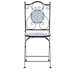 Wyld And Coco Set Of 2 Black Metal Folding Garden Chairs With Blue-And-White Ceramic Mosaic Floral Detail - thumbnail 5