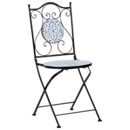 Wyld And Coco Set Of 2 Black Metal Folding Garden Chairs With Blue-And-White Ceramic Mosaic Floral Detail - thumbnail 4