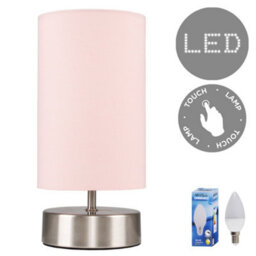 Valuelights Francis Brushed Chrome Touch Table Lamp With Pink Shade And Bulbs - thumbnail 1