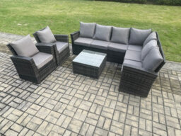 Fimous Rattan Garden Furniture Set Outdoor Lounge Corner Sofa Set With Square Coffee Table 2 Chairs 8 Seater Dark Grey Mixed - thumbnail 1