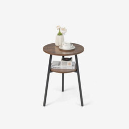 Wooden Round Side Table 2-Tier Bedside Table Retro End Table With Storage Shelf - thumbnail 1