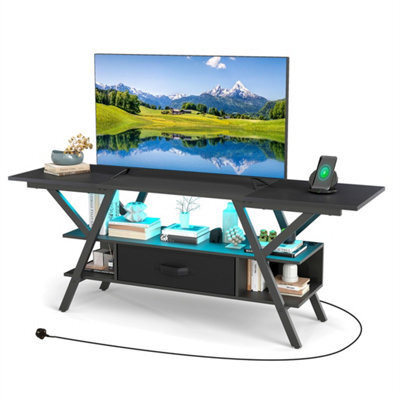 "Gaming Tv Stand 65"" With Outlets Led Lights Storage Shelves Fabric Drawer Black" - image 1