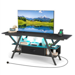 "Gaming Tv Stand 65"" With Outlets Led Lights Storage Shelves Fabric Drawer Black" - thumbnail 1