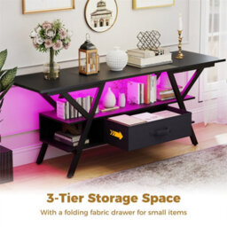"Gaming Tv Stand 65"" With Outlets Led Lights Storage Shelves Fabric Drawer Black" - thumbnail 4