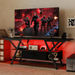 "Gaming Tv Stand 65"" With Outlets Led Lights Storage Shelves Fabric Drawer Black" - thumbnail 3