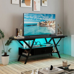 "Gaming Tv Stand 65"" With Outlets Led Lights Storage Shelves Fabric Drawer Black" - thumbnail 6