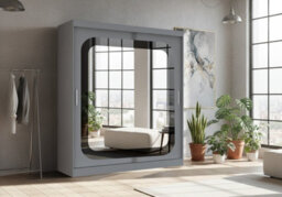 Fhif Camal 180Cm Grey Sliding Door Wardrobe Modern Bedroom Storage With Full Length Mirror Shelves And Hanging Rails - thumbnail 1