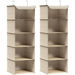 Songmics Set Of 2 Wardrobe Hanging Organizers, Closet Storage Shelves Set, Collapsible Space Savers With Bamboo, Sand Beige - thumbnail 8