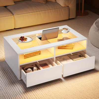 Btm Coffee Table With 2 Drawers, Open Storage And Led, Glass Top Centre Table, 100X50X35Cm, White - image 1