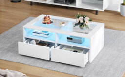 Btm Coffee Table With 2 Drawers, Open Storage And Led, Glass Top Centre Table, 100X50X35Cm, White - thumbnail 9