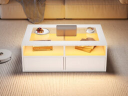 Btm Coffee Table With 2 Drawers, Open Storage And Led, Glass Top Centre Table, 100X50X35Cm, White - thumbnail 7