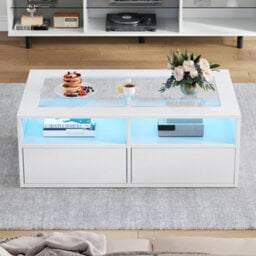 Btm Coffee Table With 2 Drawers, Open Storage And Led, Glass Top Centre Table, 100X50X35Cm, White - thumbnail 5