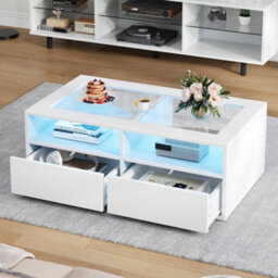 Btm Coffee Table With 2 Drawers, Open Storage And Led, Glass Top Centre Table, 100X50X35Cm, White - thumbnail 3