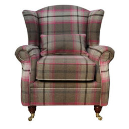 Wing Chair Original Fireside High Back Armchair P And S Balmoral Fuchsia Pink Check Real Fabric - thumbnail 2